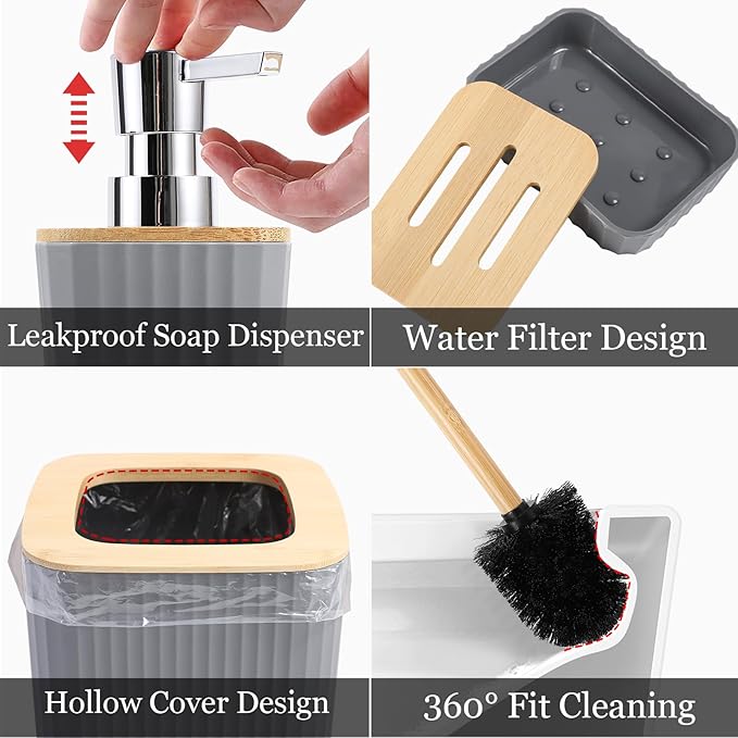 Bathroom Set - Grey Bathroom Accessories Set with Shower Curtain, Bath Towels, Soap Dispenser, Toilet Brush, Trash Can, Grey Bathroom Accessories Sets Complete for Housewarming