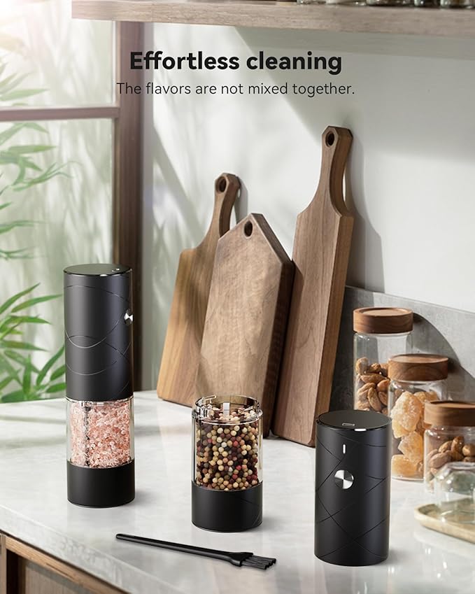 Electric Salt and Pepper Grinder Set with Adjustable Coarseness, Rechargeable Automatic Salt and Pepper Grinder Set with One Hand Operated and LED Light, Salt Grinder & Pepper Mill for Family BBQ