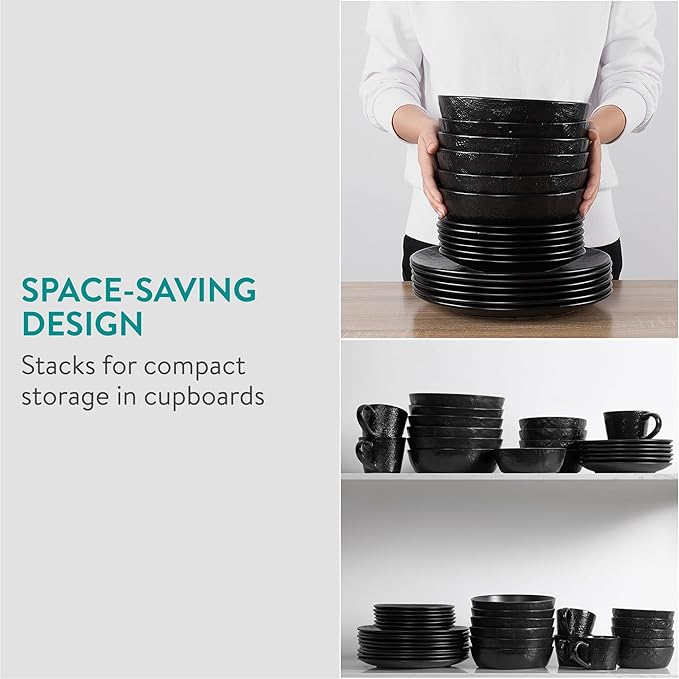 Navaris Linen Artisan Stoneware Dinnerware Set (18 Pieces) - Dishwasher & Microwave Safe Plates & Bowls for 6 with Dinner, Side Plates & Pasta Bowls - Charcoal Black