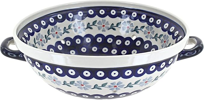 Blue Rose Polish Pottery - Blue Violet Colander - 11" x 9.5" - Ceramic Colander with Drain Holes