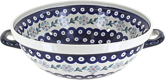 Blue Rose Polish Pottery - Blue Violet Colander - 11" x 9.5" - Ceramic Colander with Drain Holes
