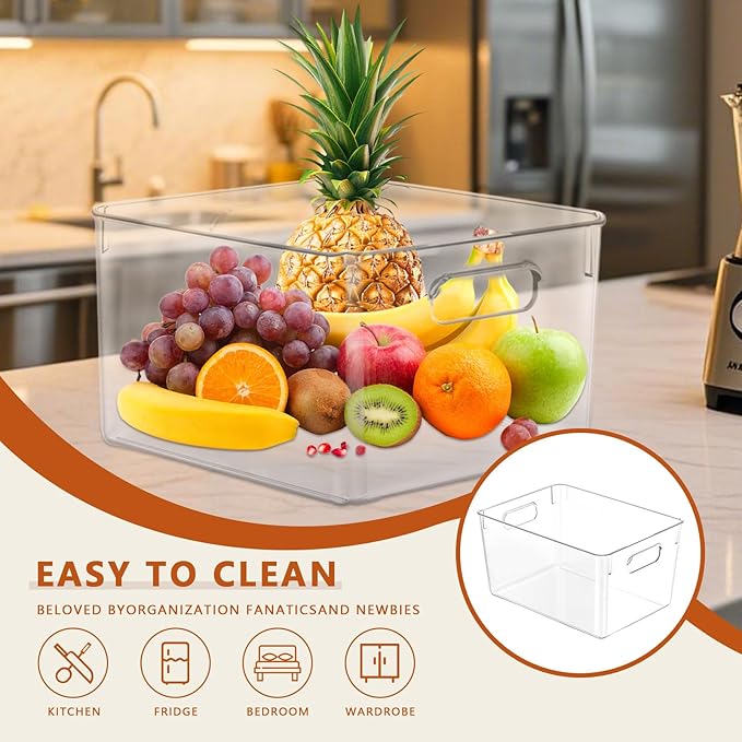 MOONEDGE Open Clear Plastic Storage Bins Stackable Organizer Containers with Handles for Kitchen, Pantry, Fridge, Cabinet, Closet Storage & Home Organization 6 Pack（11 x 8 x 6 in）