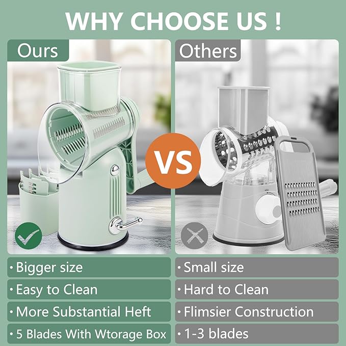 Rotary Cheese Grater with Handle: 5-in-1 Cheese Grater Hand Crank, Strong Suction Base for Fruit Vegetables Nuts with Blade Storage Box (Green)