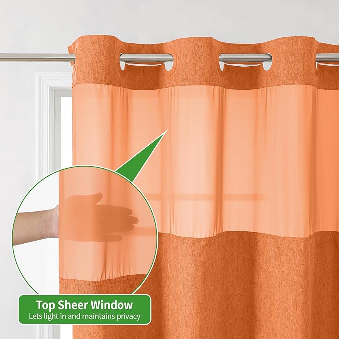No Hooks Needed Linen Textured Shower Curtain with Snap-in Fabric Liner Set,Hotel Luxury Decor Waterproof Shower Curtains for Bathroom with Mesh Top Window,Washable,71Wx74H,Burnt Orange