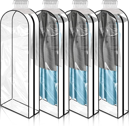 4 Pack 60" Clear Garment Bags for Hanging Clothes, with Smooth Side Zipper, Hanging Garment Bags for Closet Storage, Long, for Shirts, Coats, Dresses, Suits