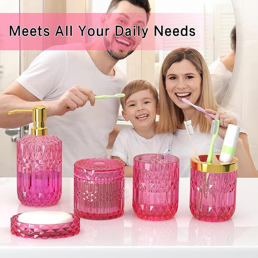 Hot-Pink Glass Bathroom Accessories Set 5 Pcs, Hot-Pink Bathroom Set, Soap Dispenser and Toothbrush Holder Set, Qtip Holder Set, Vintage Bathroom Sink Set, Cute Bathroom Decor