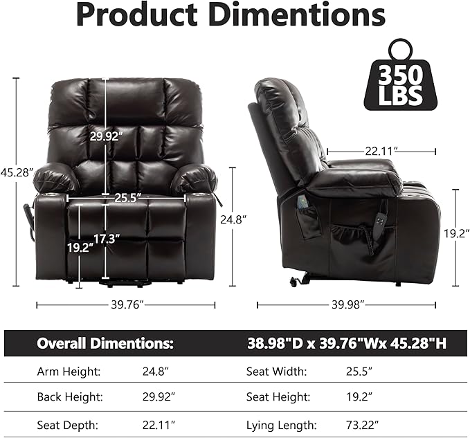 Dual Motor Power Lift Recliner Chair for Big and Tall Elderly Adults Electric Lay Flat Recliner, Stand Up Lift Chairs Recliners with Massage Heat, Cup Holders, Side Pockets, Lumbar Pillow