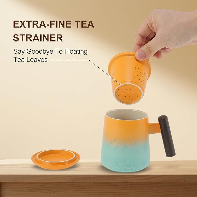 Tea Cup with Infuser, 13.5oz Ceramic Tea Infuser Mug with Wood Handle and Cup Lid, Tea Strainer Cup for Loose Leaf Steeping, Gold Tone&Green