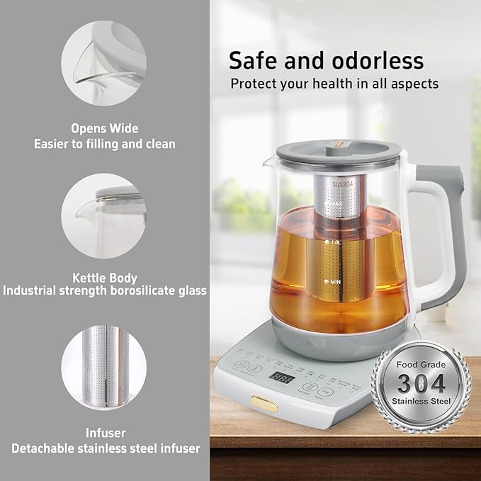 Health pot, Office, Household, Electric Kettle with Infuser, Temperature Control,12 Functional Procedures for Fruit, Flower Tea & Coffee, Glass Large 1.8 Liters of Capacity，Grey