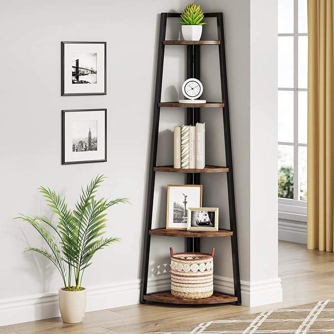 Tribesigns 5 Tier Corner Bookshelf and Bookcase, 70 inch Tall Corner Shelves Standing Shelving Unit Indoor Plant Stand for Living Room, Kitchen, Home Office (Brown)