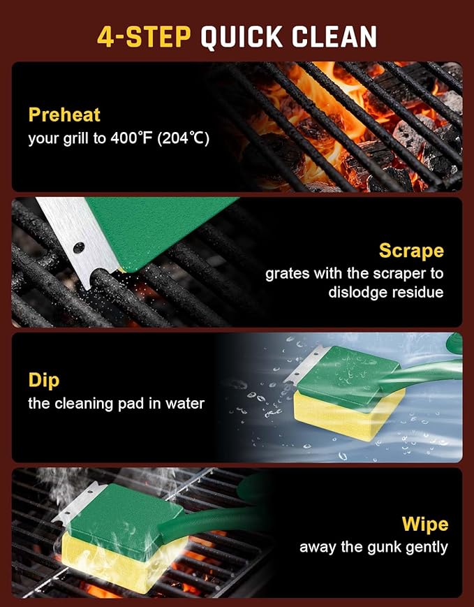 Detachable Steam Grill Brush with Scraper & Cleaning Pad, Bristle Free BBQ Grill Brush for Outdoor Grill, 15.7" Long Safe Grill Cleaner, Barbecue Brush for Cast Iron/Stainless-Steel Grates