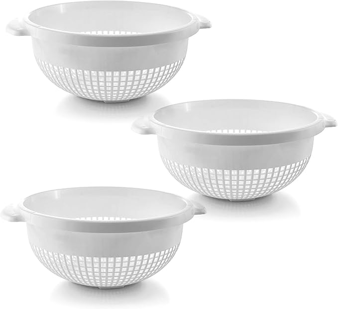 YBM HOME Deep Plastic Strainer Colander with Handle – Made of Food Safe BPA-Free Plastic - Durable and Dishwasher Safe - Use for Pasta, Noodles, Spaghetti, Vegetables and More (3, White)
