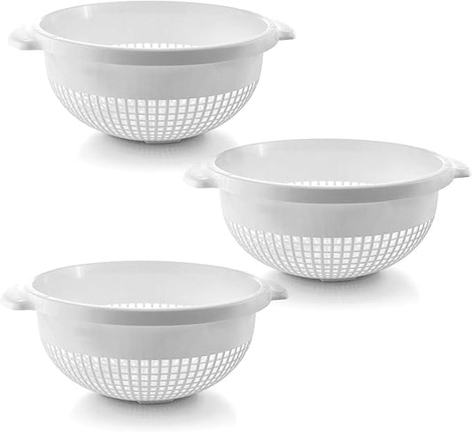 YBM HOME Deep Plastic Strainer Colander with Handle – Made of Food Safe BPA-Free Plastic - Durable and Dishwasher Safe - Use for Pasta, Noodles, Spaghetti, Vegetables and More (3, White)