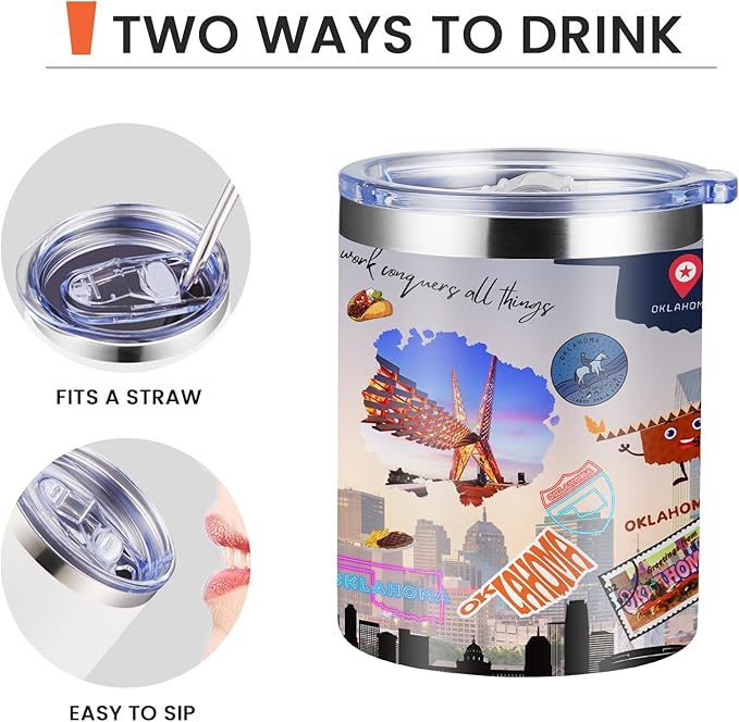 12oz Coffee Mug Oklahoma State Insulated Coffee Cups, United States Map Travel Mug Landmark, Birthday Gifts Cute Mugs with Lid and Straw Gifts for Mom