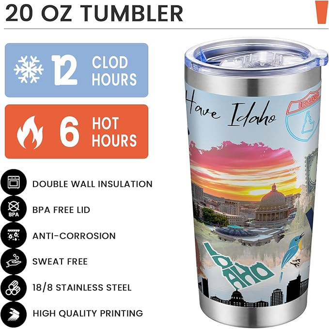 20oz Insulated Tumbler Idaho State Coffee Mug, United States Map Travel Mug Landmark, Birthday Gifts Cute Custom Tumbler Cups with Lid and Straw Mothers Day Gifts