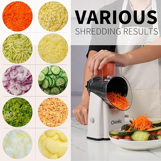 Rotary Cheese Grater Shredder - Upgraded 5 in 1 Cheese Grater with Handle and Strong Suction Base, Multi-purpose Julienne Slicer Ice Shaver Nuts Grinder for Ice, Vegetables, Fruit, Nuts
