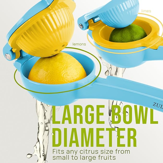 Zulay Metal 2-In-1 Lemon Squeezer Manual - Sturdy, Max Extraction Hand Juicer Lemon Squeezer Gets Every Last Drop - Easy to Clean Manual Citrus Juicer - Easy-to-Use Lemon Juicer Squeezer - Blue/Yellow