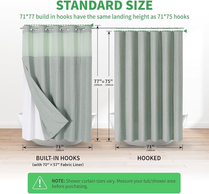 No Hooks Needed Linen Textured Shower Curtain with Snap-in Fabric Liner Set,Sage Green Hotel Luxury Decor Shower Curtains for Bathroom,Water Repellent & Washable,71Wx77H