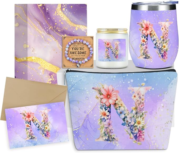 Personalized Gifts Monogrammed Birthday Gifts for Women, Colleague, Leader Mentor Female Farewell Christmas, Initial Wine Tumbler Makeup Bag Scented Candle Bracelet Set, (Aesthetic Purple Flower N)