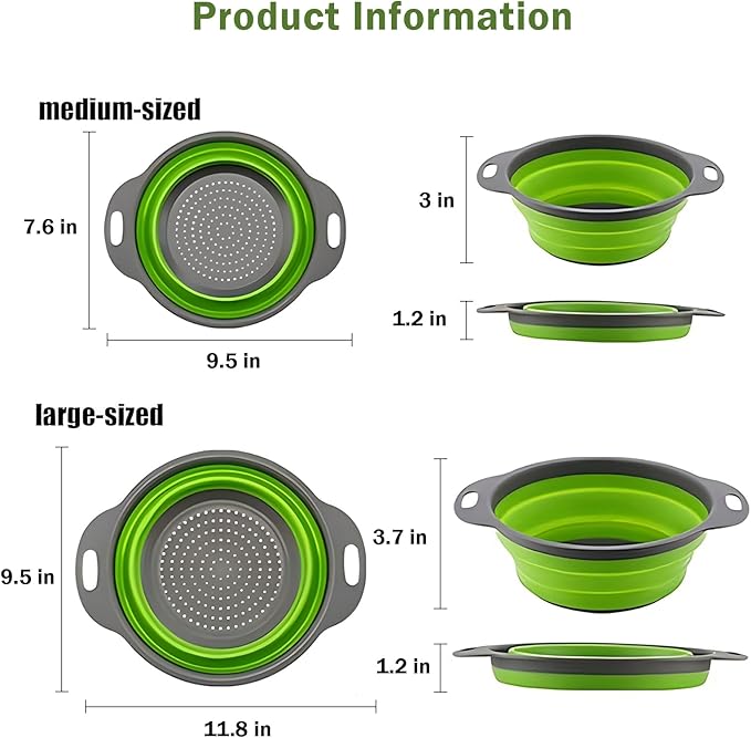 Collapsible Colander Set of 2 Silicone Kitchen Strainer Set, Perfect for Draining Pasta, Vegetable and fruit for Kitchen and Travel Use (green)