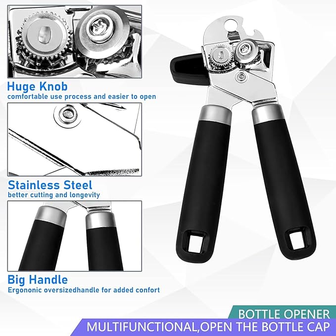 Manual Can Opener, Heavy Duty Stainless Steel Smooth Edge Handheld Can Opener with Comfortable Soft Grip Handle for Seniors and Easy Opening