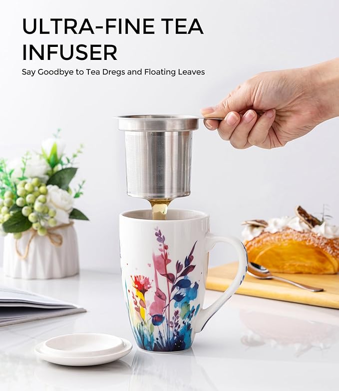 AmorArc Porcelain Tea Mug with Infuser and Lid, 18 Oz Tea Cup with Handle for Loose Leaf Tea, Gift for Tea Lovers of Men and Women