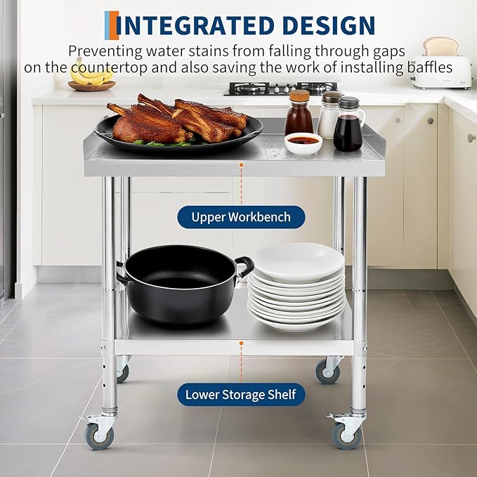 24x24x30 in Stainless Steel Equipment Grill Stand Table NSF Certified with 5 in Wheels, 400 LBS Capacity, 2 in Edge Baffle, for Hotel, Home, Commercial Restaurant Kitchen