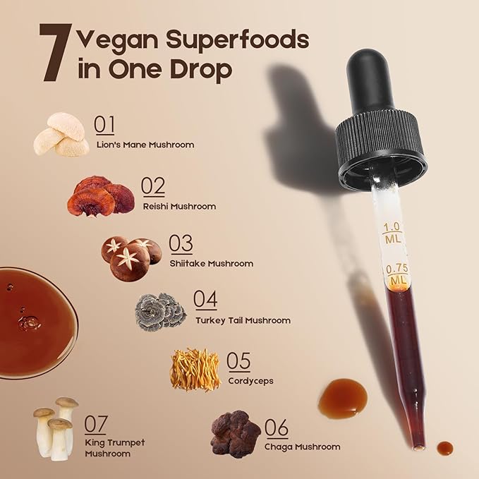 2 Pack Vegan Immune Mushroom Tincture Supplement,7 in 1 Mushroom Extract Liquid Drops with Lion's Mane,Shiitake,King Trumpet,Turkey Tail,Reishi,Chaga & Cordyceps 4 fl oz (120 Servings)