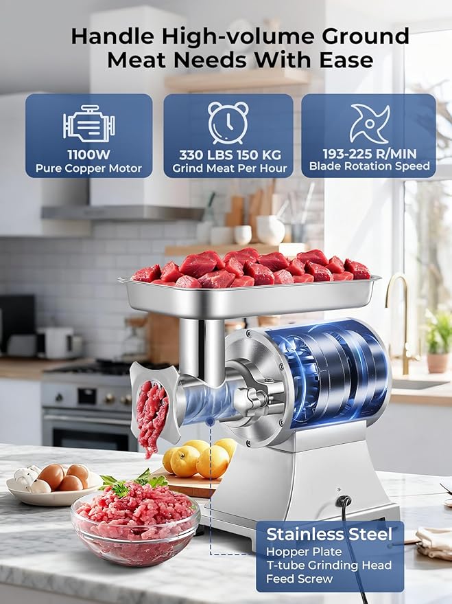 Commercial Meat Grinder, 1100W Electric Meat Grinder Heavy Duty, 330LBS/H Meat Mincer with 2 Blades, 2 Cutting Plates, Sausage Tube, Stainless Steel Hopper Plate for Kitchen Restaurant Butcher Store