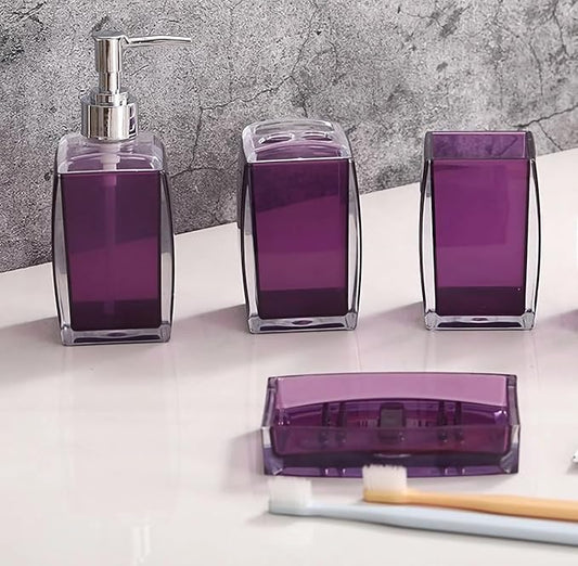 Bathroom Accessories Set,4 pcs Acrylic Bathroom Accessory Set with Soap Dispenser,Soap Dish, Toothbrush Holder, Tumbler, Modern Bathroom Accessories Decor,Gift for Home (Purple)