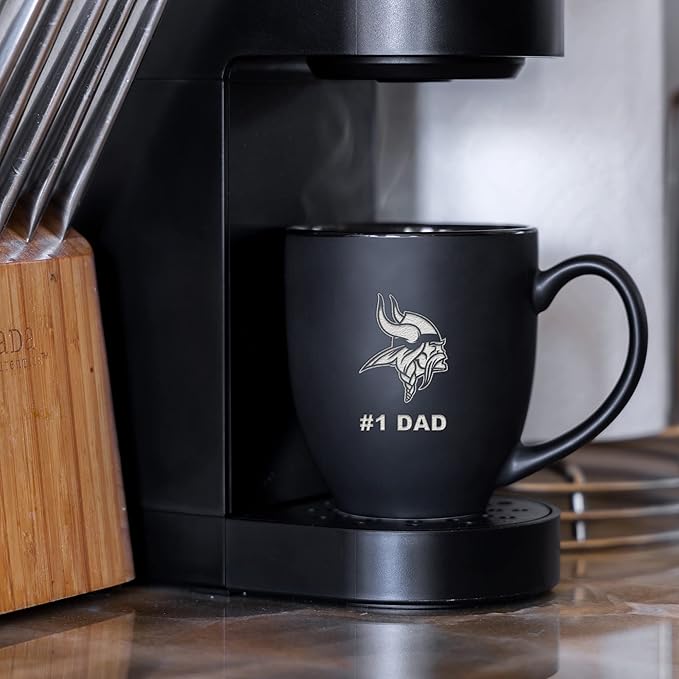 Rico Industries NFL Football #1 Dad 15oz Laser Engraved Matte Black Ceramic Bistro Mug - for Hot or Cold Drinks