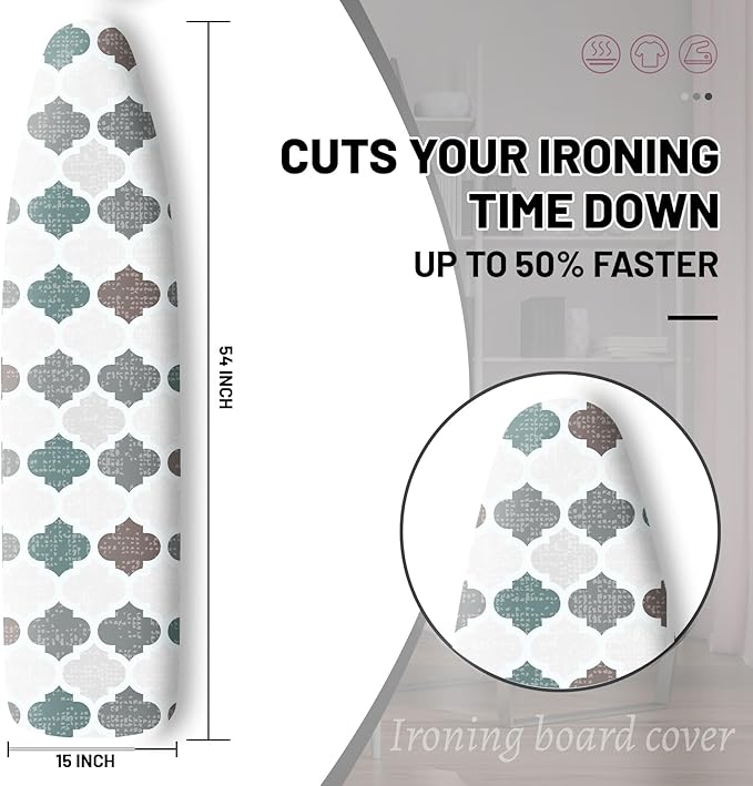 Extra Thick Ironing Board Cover and Pad, Retro Gray Moroccan Geometric 15x54 Ironing Board Cover, Resist Scorching and Staining,Elastic Edges,Modern Abstract Art