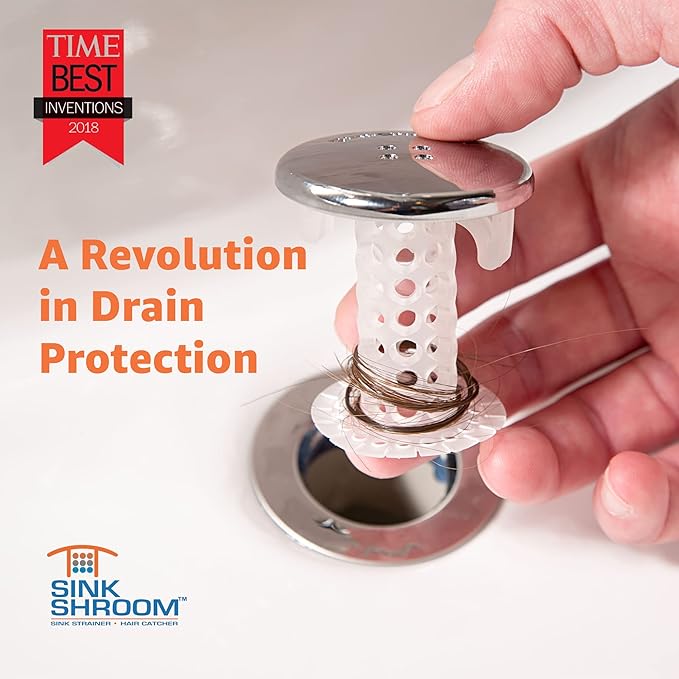 SinkShroom Revolutionary Bathroom Sink Drain Protector Hair Catcher, Strainer, Snare, Silicone , Brushed, Sinkshroom Chrome Edition, 1" -1.4"