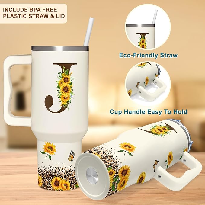 Personalized Birthday Gifts For Women - Sunflowers Monogrammed Cup For Boss Day, Christmas - Customized Gifts For Women, Mom, Wife, Coworkers, Boss Lady, Her - Custom Tumbler With Handle 40oz
