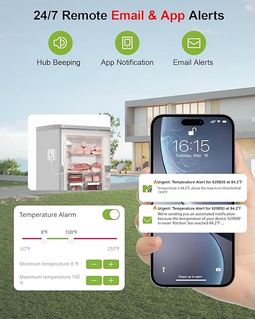 MOCREO WiFi Freezer Thermometer Alarm with Digital Monitor Hub, App and Email Alerts, 2-Year Data Export, Remote Temperature Sensor for Refrigerator, Fridge, Freezer (2 Pack)
