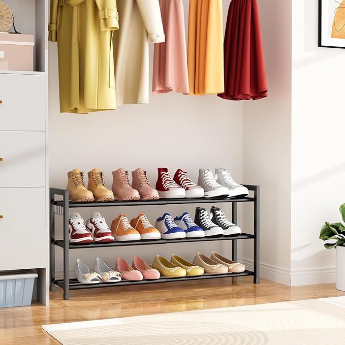 Expandable Shoe Rack for Closet Adjustable Metal Shoe Rack for Entryway 18.5"-33" Free Standing Shoe Organizer 12 Pairs with Hooks 3-Tier Small Shoe Shelf for Bedroom Garage Dorm Floor, Black