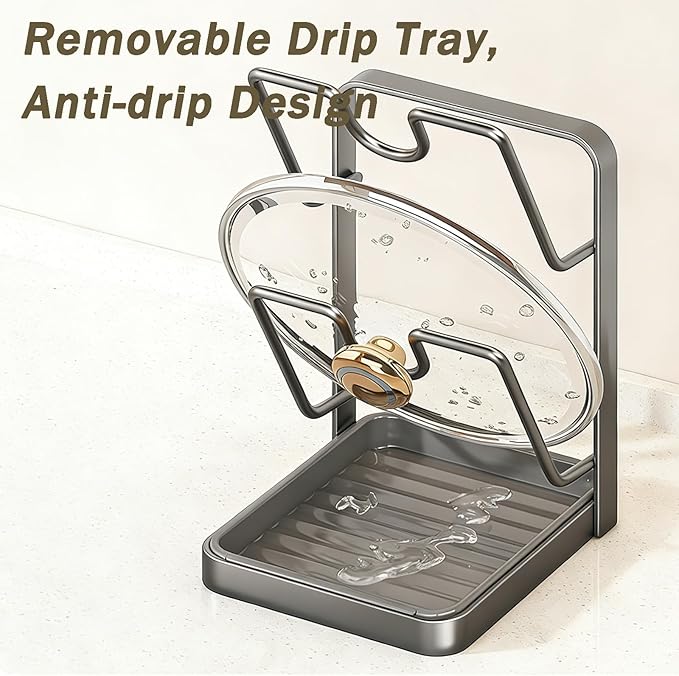DOTH Kitchen Pot Lid Storage Rack, Stainless Steel Pot Lid Holder While Cooking with Removable Drip Tray, Upright Lid Holder While Cooking for Countertop Organization (White - Double Layer)