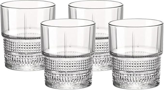 Bormioli Rocco Novecento Barware DOF Glass, Stackable, Set Of 4, 12.5 oz, Clear, Vintage Design, Made In Italy.