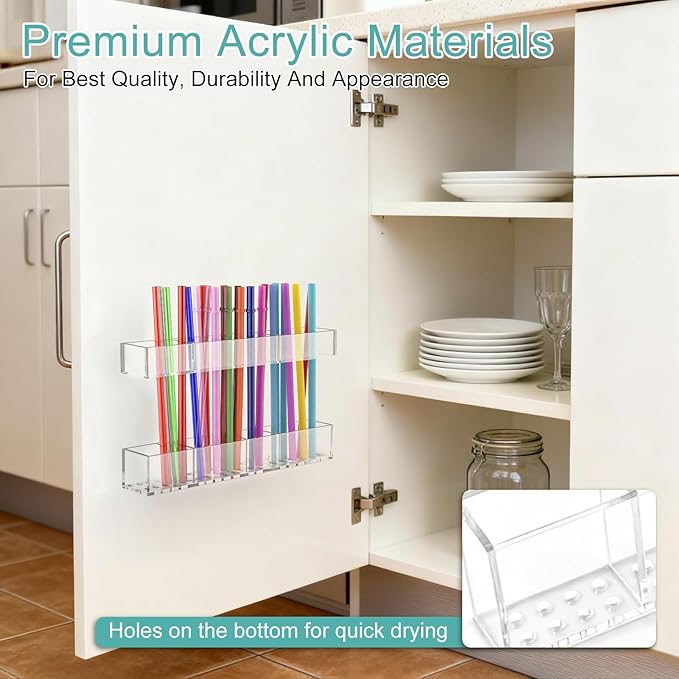 Acrylic Straw Holder, 9.5inch Large Adjustable Straws Organizer Storage, Reusable Tumbler Straw Storage Dispenser Straws with Ultra Sticky Adhesive Strips for Kitchen Cupboard Door(Transparent)