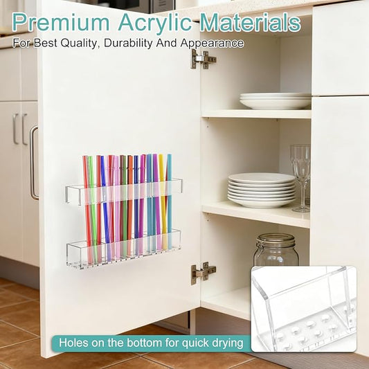 Acrylic Straw Holder, 9.5inch Large Adjustable Straws Organizer Storage, Reusable Tumbler Straw Storage Dispenser Straws with Ultra Sticky Adhesive Strips for Kitchen Cupboard Door(Transparent)