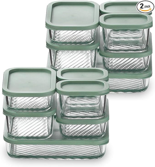 EATEX 12 Pack Glass Meal Prep Containers with Grooved Base, 12 Stackable BPA Free Glass Storage Containers with Lids for Lunch, Pantry, and Kitchen - Microwave, Dishwasher Freezer & Oven Safe - Sage