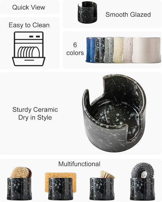 Sponge Holder for Kitchen, Ceramic Sink Caddy Scrub Sponge Rack Dish Rack Scrubbers Holder for Kitchen Sink, Bathroom, Black