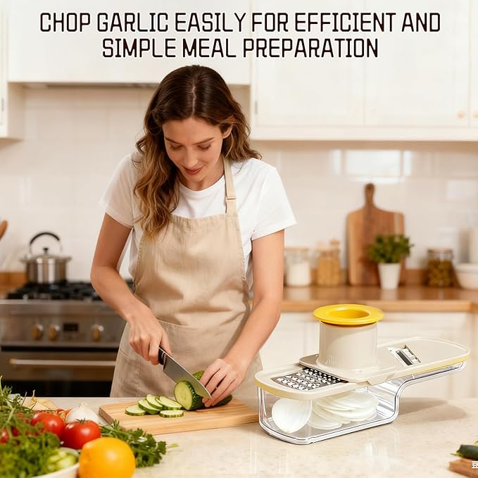 Mini Garlic Slicer,Functional Mandoline Slicers,Veggie Shredder,3 in 1 Ginger Garlic Grater with Hand Guard, Grinder Vegetable Mandoline Cutter with Container (White)