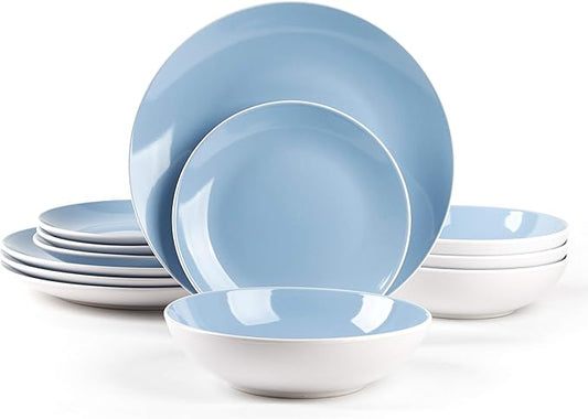 Stoneware Coupe Shape 12pc Dinnerware Set, Outside White + Inside Blue
