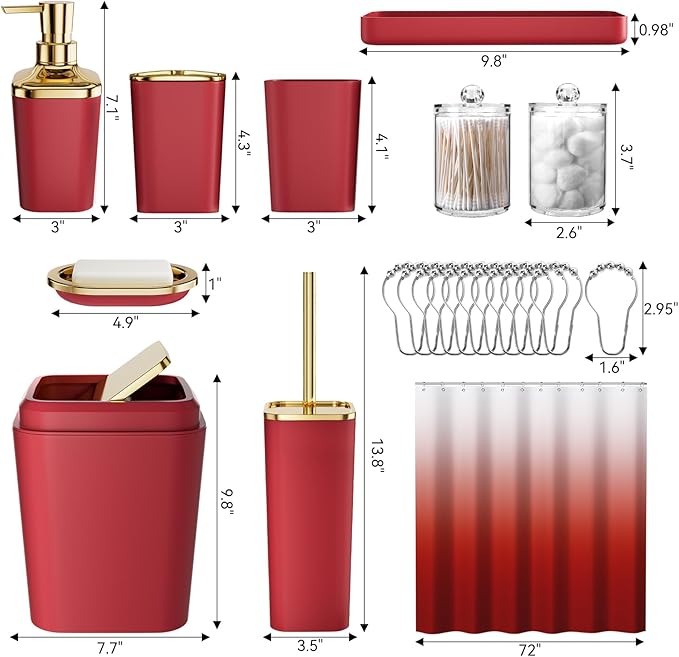 Bathroom Set – Burgundy Bathroom Accessories with Ombre Shower Curtain, Bathroom Accessories Set with Trash Can Soap Dispenser Soap Dish for Home
