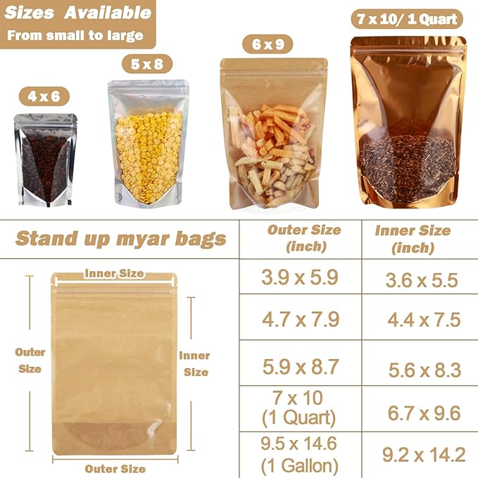 150-pack 7” x 10” Stand Up Kraft Paper Mylar Bags with Clear Window 1 Quart Resealable Foil Pouches for Food Storage Smell Proof Edible Packaging for and Small Business, Bulk