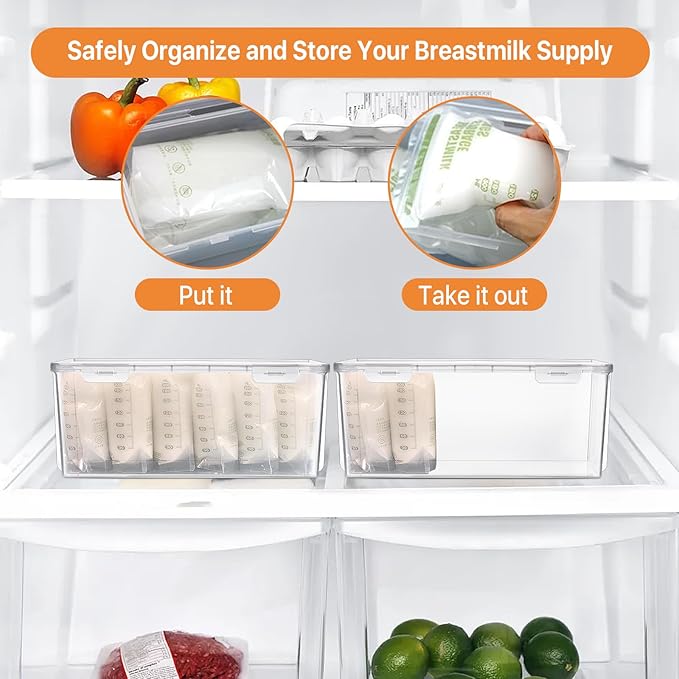 2 Pcs Reusable Plastic Milk Storage Containers for Fridge, Clear Refrigerator Organizer and Freezer Storage Bins