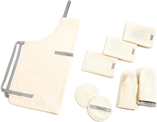 Caraway Linen Set - Apron, Pot Holders, Oven Mitts, & Tea Towels - 100% Organic Cotton - Durable, Machine Washable
