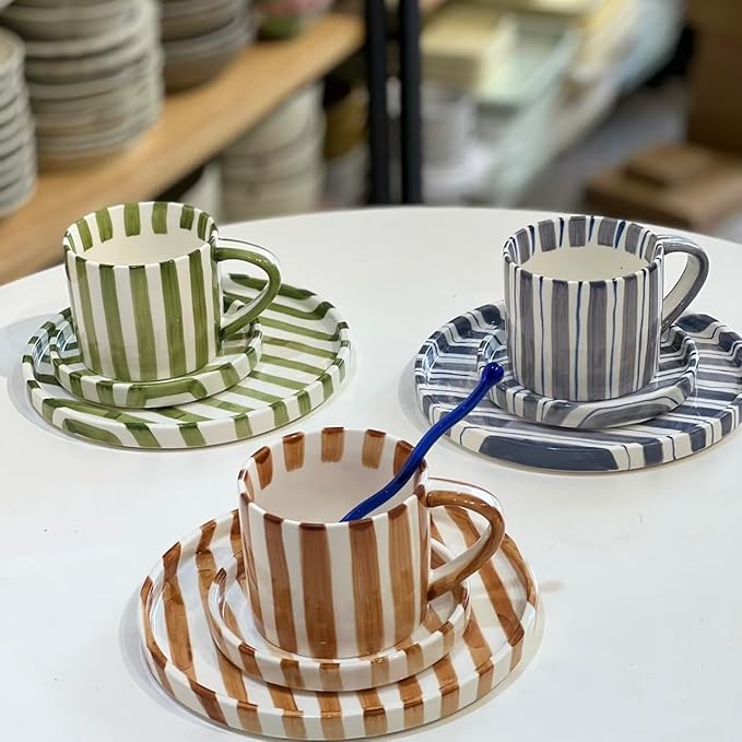 8Oz Stylish Handmade Vertical Striped Coffee Mug Espresso Cups With Saucer, Easthetical Ceramic Coffee Mugs, Glazed Tea/Coffee Cup With Saucer, Microwave safe and dishwasher safe Latte art mug (Blue)
