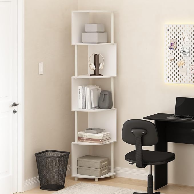 Furinno ECON Corner Shelf, 5-Tier Corner Book Shelf, Zigzag Storage Shelves, Display Rack, Bookshelf, for Organization and Storage, Living Room, Home Office, White